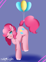 Size: 6000x8000 | Tagged: safe, artist:tickly-giggles, pinkie pie, earth pony, pony, g4, :p, balloon, chest fluff, cute, diapinkes, female, floating, mare, one eye closed, solo, then watch her balloons lift her up to the sky, tongue out, unshorn fetlocks, wink