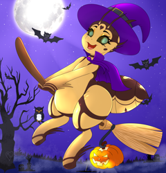 Size: 4800x5000 | Tagged: safe, alternate character, alternate version, artist:queenkittyok, artist:tatemil, oc, oc only, oc:bee berry, bat, bee pony, bird, original species, owl, broom, cape, clothes, commission, costume, flying, flying broomstick, garter belt, halloween, halloween costume, hat, holiday, jack-o-lantern, moon, pumpkin, solo, tree, witch hat, ych result
