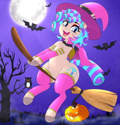 Size: 4800x5000 | Tagged: safe, alternate character, alternate version, artist:queenkittyok, oc, oc only, bat, bird, owl, pony, broom, clothes, commission, costume, flying, flying broomstick, halloween, halloween costume, holiday, jack-o-lantern, moon, pumpkin, socks, solo, thigh highs, tree, ych result