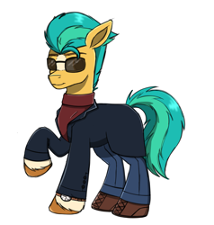 Size: 2081x2187 | Tagged: safe, artist:dyonys, hitch trailblazer, earth pony, pony, g5, boots, clothes, coat, coat markings, denim, glasses, high res, jeans, male, pants, shoes, simple background, sketch, solo, stallion, sunglasses, turtleneck, watch, white background