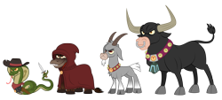 Size: 4000x1802 | Tagged: safe, artist:aleximusprime, bray, oc, oc:bellow, oc:bleat, oc:dagger, bull, cobra, donkey, goat, snake, fanfic:my little sister is a dragon, flurry heart's story, g1, g4, bell, bell collar, bells, belt, bovine, brotherhood of grogar, cloak, cloaked, clothes, cloven hooves, collar, cowboy hat, g1 to g4, generation leap, hat, hood, hooded cape, horns, knife, male, nose piercing, nose ring, oc villain, piercing, prehensile tail, scarf, simple background, stetson, tail, tail hold, transparent background