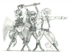 Size: 1400x1071 | Tagged: safe, artist:baron engel, apple bloom, scootaloo, sweetie belle, anthro, g4, clothes, cutie mark crusaders, gloves, grayscale, gun, monochrome, pencil drawing, pipe wrench, pirate, story in the source, story included, traditional art, trio, weapon, wrench