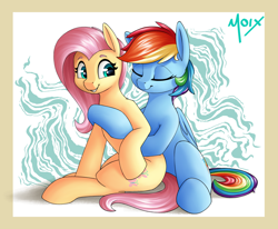 Size: 2730x2250 | Tagged: safe, artist:supermoix, fluttershy, rainbow dash, pegasus, pony, g4, cuddling, cute, duo, duo female, eyes closed, female, high res, hug, hug from behind, lesbian, looking back, mare, ship:flutterdash, shipping, simple background, smiling, wingless