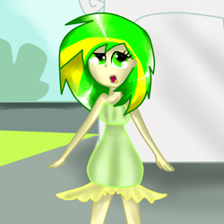 Size: 3000x3000 | Tagged: safe, artist:shawarmacat, oc, oc only, oc:wooden toaster, human, equestria girls, g4, clothes, dress, equestria girls-ified, female, green dress, high res, portal, statue, wondercolt statue