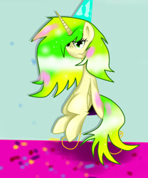 Size: 816x979 | Tagged: safe, artist:shawarmacat, oc, oc only, oc:wooden toaster, alicorn, pony, alicornified, celebration, confetti, female, hat, horn, mare, party, party hat, race swap, sitting, stool, unamused, wings