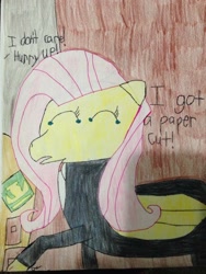 Size: 768x1024 | Tagged: safe, artist:animallover129, fluttershy, pegasus, pony, g4, blood, clothes, crying, dialogue, eyes closed, female, mare, offscreen character, papercut, papers please, pencil drawing, stamp, suit, tears of pain, text, traditional art