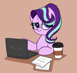 Size: 3904x3723 | Tagged: safe, artist:kittyrosie, starlight glimmer, pony, unicorn, g4, blushing, coffee, computer, female, glasses, high res, laptop computer, looking at you, mare, solo, unamused, working