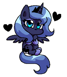Size: 264x305 | Tagged: safe, artist:yorushikathebaka, princess luna, alicorn, pony, g4, blushing, clothes, crown, cute, female, filly, heart, horn, jewelry, lunabetes, mare, moon, pixel art, regalia, s1 luna, shoes, simple background, transparent background, wings, woona, younger