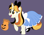 Size: 5530x4320 | Tagged: safe, artist:feather_bloom, oc, oc:candy corn, pony, unicorn, bag, bow, candy bag, clothes, commission, costume, dress, hair bow, magic, magic aura, nightmare night, shoes, simple background, socks, solo, telekinesis