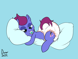 Size: 1600x1200 | Tagged: safe, artist:bigboydover, oc, oc only, oc:bristle star, earth pony, pony, cuddling, diaper, diaper fetish, fetish, hug, non-baby in diaper, pacifier, pillow, pillow hug, simple background, solo, tail, tail hole
