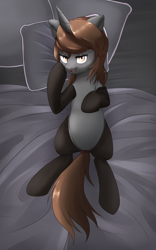 Size: 2000x3200 | Tagged: safe, artist:nihithebrony, oc, oc only, oc:sonata, pony, unicorn, elements of justice, turnabout storm, bed, bedroom, bedroom eyes, black socks, body pillow, body pillow design, clothes, dakimakura cover, featureless crotch, female, high res, lawyer, looking at you, lying down, lying on bed, mare, on back, on bed, purple background, simple background, socks