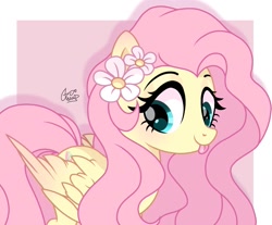 Size: 1303x1080 | Tagged: safe, artist:cstrawberrymilk, fluttershy, pegasus, pony, g4, :p, colored, cute, daaaaaaaaaaaw, drop shadow, eyebrows, female, flat colors, flower, flower in hair, looking away, looking down, mare, partially open wings, passepartout, shyabetes, signature, smiling, solo, three quarter view, tongue out, wings