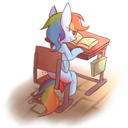 Size: 800x800 | Tagged: artist needed, safe, rainbow dash, pegasus, pony, g4, bag, blushing, book, desk, punishment, rear view, reddened butt, school desk, simple background, sitting, solo, spank mark, spanked, white background