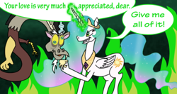 Size: 598x321 | Tagged: safe, artist:gegenschein17, edit, discord, princess celestia, queen chrysalis, alicorn, draconequus, pony, g4, clothes, cropped, crown, derp, dialogue, disguise, disguised changeling, evil, fake celestia, fangs, female, fire, horn, jewelry, magic, male, mare, regalia, shoes, smiling, sparkles, speech bubble, text, wings
