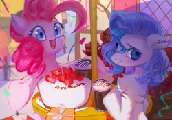 Size: 2388x1668 | Tagged: safe, artist:tingsan, pinkie pie, oc, oc:ray frok, earth pony, pony, g4, birthday, birthday cake, cake, duo, ear piercing, female, food, mare, open mouth, open smile, piercing, smiling