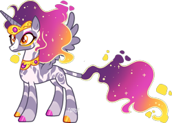 Size: 1987x1424 | Tagged: safe, artist:kurosawakuro, oc, alicorn, hybrid, pony, zebra, zebra alicorn, alicorn oc, base used, colored hooves, concave belly, crown, ethereal hair, ethereal mane, ethereal tail, eyeshadow, female, gradient hair, gradient mane, gradient tail, hoof polish, horn, jewelry, makeup, mare, necklace, orange eyes, parent:prince abraxas, parent:princess argent, parent:princess luna, regalia, simple background, slender, solo, spread wings, standing, starry hair, starry mane, starry tail, tail, thin, transparent background, wings