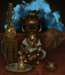 Size: 1224x1425 | Tagged: safe, artist:polnocnykot, zecora, zebra, g4, female, fine art parody, gold, magic, sitting, smoke, solo