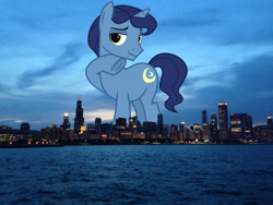 Size: 3072x2304 | Tagged: safe, artist:cheezedoodle96, edit, editor:jaredking779, night light, pony, unicorn, g4, attack on pony, chicago, frog (hoof), giant pony, giant unicorn, high res, highrise ponies, illinois, irl, looking at you, macro, male, mega giant, photo, ponies in real life, raised hoof, smiling, solo, stallion, story included, underhoof