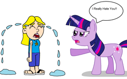 Size: 1540x964 | Tagged: safe, artist:adrianmacha20005, twilight sparkle, human, pony, unicorn, g4, abuse, angry, crossover, crying, duo, duo female, female, hate, hate art, human female, mare, out of character, princess rosalina, rose wilfred, simple background, speech bubble, super mario bros., supermariologan, tears of sadness, twibitch sparkle, unicorn twilight, white background