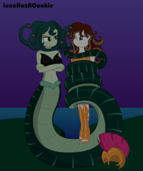 Size: 3000x3592 | Tagged: safe, artist:lunahazacookie, oc, oc only, oc:athena, oc:medusa, human, lamia, original species, equestria girls, g4, athena, coils, crossed arms, female, greek mythology, helmet, high res, lamia domination, medusa, one eye closed, smiling, smirk, tail, tail wrap, wrapped up