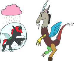 Size: 1723x1420 | Tagged: safe, artist:emc-blingds, discord, oc, oc:crypto, changeling, draconequus, pony, g4, bubble, changeling oc, duo, green changeling, simple background, transparent background