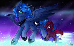 Size: 2560x1600 | Tagged: safe, artist:julunis14, princess luna, tempest shadow, alicorn, pony, unicorn, g4, broken horn, claws, horn, wing claws, wings