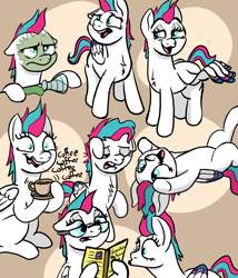 Size: 2548x2976 | Tagged: safe, artist:doodledonutart, zipp storm, pegasus, pony, g5, beaker, coffee, coffee cup, cup, doodle, experiment, explosion, faic, female, glasses, happy, high res, mare, reading, simple background, tired, wing gesture, wing wave, wings