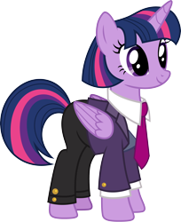 Size: 3000x3674 | Tagged: safe, artist:cloudyglow, gameloft, twilight sparkle, alicorn, pony, .ai available, alternate clothes, clothes, female, high res, mare, mobile game, pants, simple background, smiling, solo, suit, transparent background, twilight sparkle (alicorn), vector