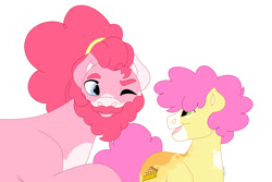 Size: 1280x854 | Tagged: safe, artist:itstechtock, li'l cheese, pinkie pie, earth pony, pony, g4, beard, facial hair, female, mother and child, simple background, white background