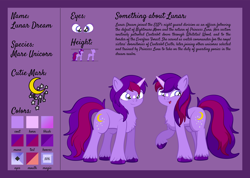 Size: 1920x1367 | Tagged: safe, artist:alexdti, oc, oc only, oc:lunar dream, pony, unicorn, chest fluff, female, full body, hooves, horn, mare, open mouth, open smile, reference sheet, smiling, solo, standing, tail, two toned mane, two toned tail, unicorn oc, unshorn fetlocks
