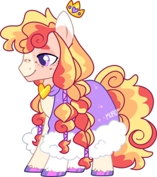 Size: 2374x2668 | Tagged: safe, artist:kurosawakuro, oc, earth pony, pony, base used, blaze (coat marking), braid, cape, clothes, coat markings, colored hooves, crown, earth pony oc, facial markings, freckles, high res, hoof polish, jewelry, magical lesbian spawn, male, offspring, parent:applejack, parent:princess cadance, purple eyes, regalia, simple background, solo, stallion, standing, transparent background