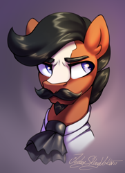 Size: 2000x2760 | Tagged: safe, artist:jedayskayvoker, oc, oc:gauch gustmane, earth pony, pony, blaze (coat marking), bust, clothes, coat markings, colored, colored sketch, earth pony oc, eyebrows, facial markings, full color, gradient background, high res, icon, male, portrait, serious, serious face, sketch, solo, stallion