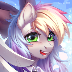Size: 2000x2000 | Tagged: safe, artist:fenwaru, oc, oc only, oc:blazey sketch, pegasus, pony, blushing, bow, clothes, commission, green eyes, hair bow, high res, icon, long hair, looking at you, multicolored hair, small wings, smiling, smiling at you, solo, sweater, wings