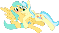 Size: 4526x2556 | Tagged: safe, artist:enigmaticfrustration, artist:starcollider, misty fly, sunshower raindrops, pegasus, pony, g4, .svg available, blushing, duo, eye clipping through hair, female, gritted teeth, high res, lesbian, lying down, mare, mistydrops, prone, shipping, simple background, svg, teeth, transparent background, vector, wings