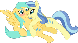 Size: 4645x2556 | Tagged: safe, artist:enigmaticfrustration, artist:starcollider, sunshower, sunshower raindrops, pegasus, pony, g4, .svg available, blushing, duo, eye clipping through hair, female, gritted teeth, high res, lesbian, lying down, mare, prone, simple background, svg, teeth, transparent background, vector, wings