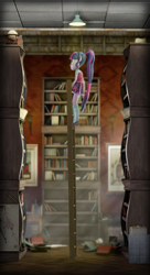 Size: 2090x3840 | Tagged: safe, artist:egr1n, twilight sparkle, human, pony, equestria girls, g4, 3d, blurry background, book, bookshelf, clothes, costume, file cabinet, glasses, globe, high res, ladder, lamp, long hair, outfit, painting, paper, phone wallpaper, picture, purple eyes, shoes, skirt, socks, source filmmaker, stockings, suit, table, thigh highs, vertical, wallpaper