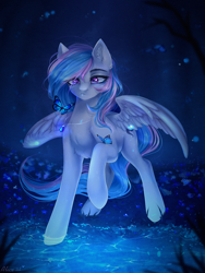 Size: 1500x2000 | Tagged: safe, artist:alicesmitt31, oc, oc only, oc:starburn, butterfly, pegasus, pony, jewelry, necklace, raised hoof, solo, water