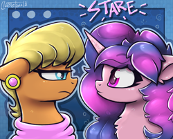 Size: 1296x1044 | Tagged: safe, artist:llametsul, izzy moonbow, ms. harshwhinny, earth pony, pony, unicorn, g4, g5, annoyed, atg 2022, chest fluff, colored, duo, duo female, ear piercing, female, floppy ears, looking at each other, looking at someone, mare, newbie artist training grounds, piercing, signature, stare, staring contest, unamused