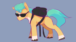 Size: 3092x1739 | Tagged: safe, artist:rainsketch, hitch trailblazer, earth pony, pony, g5, my little pony: a new generation, backpack, coat markings, looking down, male, simple background, solo, stallion, sunglasses, unshorn fetlocks