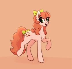 Size: 1950x1860 | Tagged: safe, artist:_alixxie_, cherries jubilee, earth pony, pony, g1, g4, bow, cherries cuteilee, cute, female, g1 to g4, generation leap, hair bow, mare, open mouth, open smile, orange background, raised hoof, raised leg, simple background, smiling, solo, tail, tail bow