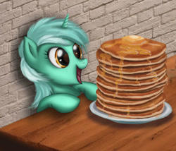 Size: 1496x1279 | Tagged: safe, artist:polnocnykot, lyra heartstrings, pony, unicorn, g4, cute, female, food, happy, imminent nom, lyrabetes, mare, open mouth, open smile, pancakes, smiling, solo