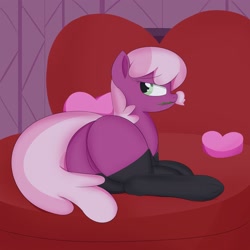 Size: 3000x3000 | Tagged: safe, artist:bestponies, cheerilee, earth pony, pony, g4, bed, bedroom eyes, butt, clothes, female, flower, flower in mouth, flowerbutt, heart, high res, looking back, lying down, mare, mouth hold, plot, prone, rose, smiling, socks, solo