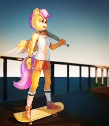 Size: 1329x1534 | Tagged: safe, artist:haku nichiya, scootaloo, pegasus, anthro, g4, baseball bat, clothes, ear fluff, female, shorts, skateboard, smiling, socks, solo, tank top