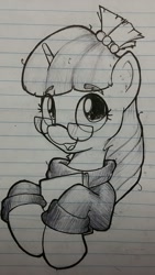 Size: 720x1280 | Tagged: safe, artist:whiskeypanda, moondancer, pony, unicorn, g4, ballpoint pen, book, bust, clothes, cute, eyebrows, glasses, ink, ink drawing, lined paper, looking at you, open mouth, solo, sweater, traditional art