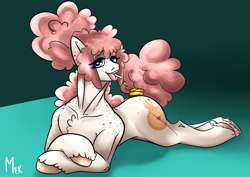 Size: 4961x3508 | Tagged: safe, artist:mekblue, oc, oc:petra kastamonika, earth pony, pony, butt freckles, candy, earth pony oc, female, fluffy mane, food, freckles, lollipop, looking at you, mare, muscular mare, seductive look, seductive pose, simple background, solo, strong, tongue out