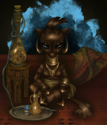 Size: 1224x1425 | Tagged: safe, artist:polnocnykot, zecora, zebra, g4, female, fine art parody, gold, magic, sitting, smoke, solo