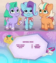 Size: 1920x2160 | Tagged: safe, screencap, glory (g5), hitch trailblazer, peach fizz, seashell (g5), zipp storm, earth pony, pegasus, pony, unicorn, g5, my little pony: tell your tale, pippsqueaks forever, spoiler:g5, spoiler:my little pony: tell your tale, spoiler:tyts01e28, athena karkanis, bahia watson, bow, cellphone, credits, female, filly, foal, kaia oz, phone, pippsqueak trio, pippsqueaks, smartphone