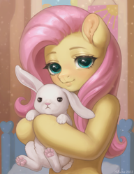 Size: 2303x3000 | Tagged: safe, artist:hirichie, angel bunny, fluttershy, pegasus, pony, rabbit, semi-anthro, g4, animal, arm hooves, bedroom, blushing, cuddling, cute, digital art, female, high res, hug, looking at you, shyabetes, smiling, sparkles