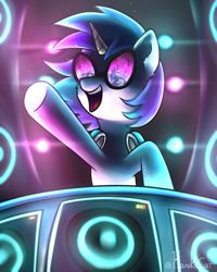 Size: 2000x2500 | Tagged: safe, artist:harukiicat, dj pon-3, vinyl scratch, pony, unicorn, g4, female, headphones, high res, horn, lights, mare, open mouth, party, raised hoof, shading, signature, smiling, solo, speaker, sunglasses