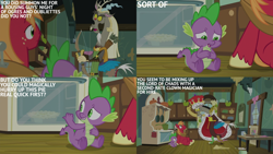 Size: 4400x2475 | Tagged: safe, edit, edited screencap, editor:quoterific, screencap, big macintosh, discord, spike, draconequus, dragon, earth pony, pony, g4, season 8, the break up breakdown, angry, archery, arrow, bow (weapon), bow and arrow, clothes, crown, discord being discord, discord is not amused, food, grin, jewelry, king, male, open mouth, pie, regalia, robe, sitting, smiling, staff, stallion, text edit, trio, trio male, unamused, unshorn fetlocks, weapon